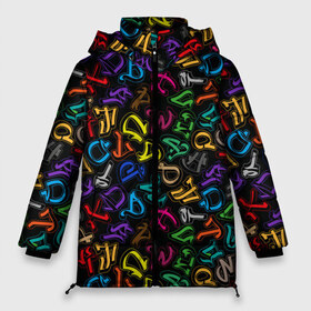 Женская зимняя куртка 3D с принтом Граффити алфавита в Белгороде, верх — 100% полиэстер; подкладка — 100% полиэстер; утеплитель — 100% полиэстер | длина ниже бедра, силуэт Оверсайз. Есть воротник-стойка, отстегивающийся капюшон и ветрозащитная планка. 

Боковые карманы с листочкой на кнопках и внутренний карман на молнии | 