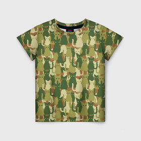 Детская футболка 3D с принтом Камуфляж из котов в Белгороде, 100% гипоаллергенный полиэфир | прямой крой, круглый вырез горловины, длина до линии бедер, чуть спущенное плечо, ткань немного тянется | Тематика изображения на принте: 23 февраля | армия | военная | зелень | камуфляж | листья | маскировка | паттерн | солдат | текстуры