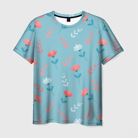 Мужская футболка 3D с принтом Цветочки и листики на голубом в Белгороде, 100% полиэфир | прямой крой, круглый вырез горловины, длина до линии бедер | 8 марта | весна | день рождения | коралловый | лето | листики | паттерн | праздник | узор | цветочки