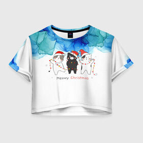Женская футболка Crop-top 3D с принтом Meowy christmas в Белгороде, 100% полиэстер | круглая горловина, длина футболки до линии талии, рукава с отворотами | new year | арт | графика | дед мороз | зима | новый год | рождество | санта