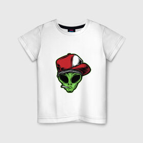 Детская футболка хлопок с принтом Alien gangster в Белгороде, 100% хлопок | круглый вырез горловины, полуприлегающий силуэт, длина до линии бедер | alien | бандит | гангстер | инопланетянин | кепка | крутой | нло | опасный | пришелец | хипстер