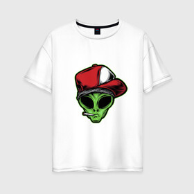 Женская футболка хлопок Oversize с принтом Alien gangster в Белгороде, 100% хлопок | свободный крой, круглый ворот, спущенный рукав, длина до линии бедер
 | alien | бандит | гангстер | инопланетянин | кепка | крутой | нло | опасный | пришелец | хипстер