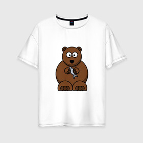 Женская футболка хлопок Oversize с принтом медведь с рыбой в Белгороде, 100% хлопок | свободный крой, круглый ворот, спущенный рукав, длина до линии бедер
 | гризли | детские | живая | животные | звери | картинки | медведь | мультфильмы | популярные | прикольные | природа | рыба | тренды | хищники