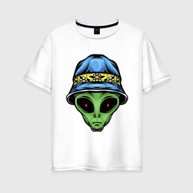 Женская футболка хлопок Oversize с принтом Alien in panama в Белгороде, 100% хлопок | свободный крой, круглый ворот, спущенный рукав, длина до линии бедер
 | alien | инопланетянин | кепка | нло | пришелец | хипстер | шляпа