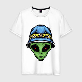 Мужская футболка хлопок с принтом Alien in panama в Белгороде, 100% хлопок | прямой крой, круглый вырез горловины, длина до линии бедер, слегка спущенное плечо. | alien | инопланетянин | кепка | нло | пришелец | хипстер | шляпа
