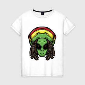 Женская футболка хлопок с принтом Reggae alien в Белгороде, 100% хлопок | прямой крой, круглый вырез горловины, длина до линии бедер, слегка спущенное плечо | Тематика изображения на принте: alien | волосы | инопланетянин | кепка | нло | пришелец | растаман | регги | хипстер | шляпа