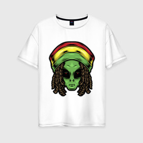 Женская футболка хлопок Oversize с принтом Reggae alien в Белгороде, 100% хлопок | свободный крой, круглый ворот, спущенный рукав, длина до линии бедер
 | alien | волосы | инопланетянин | кепка | нло | пришелец | растаман | регги | хипстер | шляпа