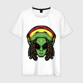 Мужская футболка хлопок с принтом Reggae alien в Белгороде, 100% хлопок | прямой крой, круглый вырез горловины, длина до линии бедер, слегка спущенное плечо. | alien | волосы | инопланетянин | кепка | нло | пришелец | растаман | регги | хипстер | шляпа