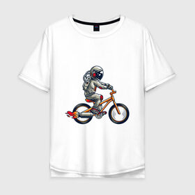 Мужская футболка хлопок Oversize с принтом Астронавт на велосипеде в Белгороде, 100% хлопок | свободный крой, круглый ворот, “спинка” длиннее передней части | Тематика изображения на принте: астронавт | велосипед | космонавт | космос | костюм | ракеты | скафандр | хипстер | шлем