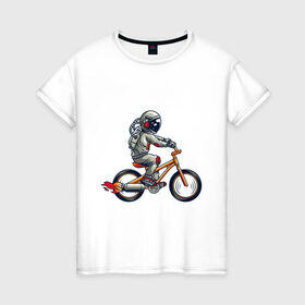 Женская футболка хлопок с принтом Астронавт на велосипеде в Белгороде, 100% хлопок | прямой крой, круглый вырез горловины, длина до линии бедер, слегка спущенное плечо | астронавт | велосипед | космонавт | космос | костюм | ракеты | скафандр | хипстер | шлем