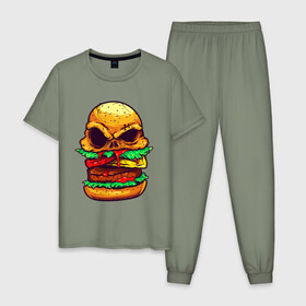 Мужская пижама хлопок с принтом Голодный бургер в Белгороде, 100% хлопок | брюки и футболка прямого кроя, без карманов, на брюках мягкая резинка на поясе и по низу штанин
 | бургер | бутерброд | голодный | кровь | мясо | хипстер | череп