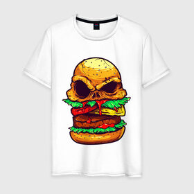 Мужская футболка хлопок с принтом Голодный бургер в Белгороде, 100% хлопок | прямой крой, круглый вырез горловины, длина до линии бедер, слегка спущенное плечо. | бургер | бутерброд | голодный | кровь | мясо | хипстер | череп