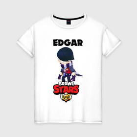 Женская футболка хлопок с принтом BRAWL STARS EDGAR. в Белгороде, 100% хлопок | прямой крой, круглый вырез горловины, длина до линии бедер, слегка спущенное плечо | 8 bit | brawl stars | byron | colette | crow | edgar | gale | leon | max | mr.p | sally leon | shark | virus 8 bit | werewolf leon | акула | байрон | берли | бравл старс | ворон | коллет | макс | оборотень | эдгар