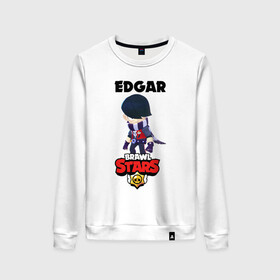 Женский свитшот хлопок с принтом BRAWL STARS EDGAR. в Белгороде, 100% хлопок | прямой крой, круглый вырез, на манжетах и по низу широкая трикотажная резинка  | 8 bit | brawl stars | byron | colette | crow | edgar | gale | leon | max | mr.p | sally leon | shark | virus 8 bit | werewolf leon | акула | байрон | берли | бравл старс | ворон | коллет | макс | оборотень | эдгар