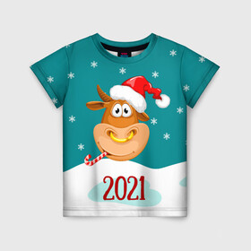 Детская футболка 3D с принтом 2021 Год быка в Белгороде, 100% гипоаллергенный полиэфир | прямой крой, круглый вырез горловины, длина до линии бедер, чуть спущенное плечо, ткань немного тянется | 2021 | 7 января | bull | newyear | santa | бык | быки | бычок | год быка | дед мороз | корова | новогодние каникулы | новогодние праздники | новый 2021 | новый год | новый год 2021 | рождество | сани | санта | санта клаус