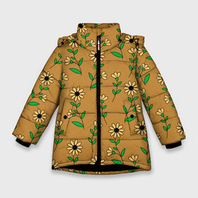 Зимняя куртка для девочек 3D с принтом Цветочки на темно желтом фоне в Белгороде, ткань верха — 100% полиэстер; подклад — 100% полиэстер, утеплитель — 100% полиэстер. | длина ниже бедра, удлиненная спинка, воротник стойка и отстегивающийся капюшон. Есть боковые карманы с листочкой на кнопках, утяжки по низу изделия и внутренний карман на молнии. 

Предусмотрены светоотражающий принт на спинке, радужный светоотражающий элемент на пуллере молнии и на резинке для утяжки. | 8 марта | весна | день рождения | желтый | зеленый | лето | листья | орнамент | паттерн | праздник | природа | растения | узор | цветы | черный