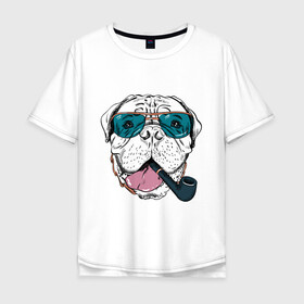 Мужская футболка хлопок Oversize с принтом Бульмастиф в Белгороде, 100% хлопок | свободный крой, круглый ворот, “спинка” длиннее передней части | бульмастиф | очки | собака | трубка | хипстер | язык