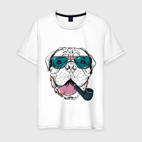 Мужская футболка хлопок с принтом Бульмастиф в Белгороде, 100% хлопок | прямой крой, круглый вырез горловины, длина до линии бедер, слегка спущенное плечо. | бульмастиф | очки | собака | трубка | хипстер | язык