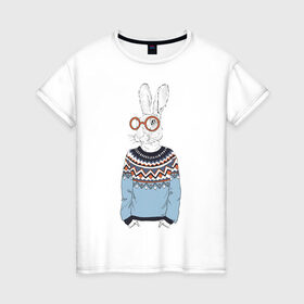 Женская футболка хлопок с принтом кролик в свитере и очках в Белгороде, 100% хлопок | прямой крой, круглый вырез горловины, длина до линии бедер, слегка спущенное плечо | 