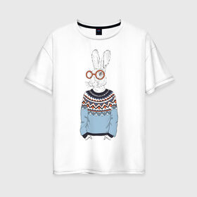 Женская футболка хлопок Oversize с принтом кролик в свитере и очках в Белгороде, 100% хлопок | свободный крой, круглый ворот, спущенный рукав, длина до линии бедер
 | 