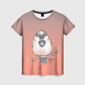 Женская футболка 3D с принтом акварельная птица на ветке в Белгороде, 100% полиэфир ( синтетическое хлопкоподобное полотно) | прямой крой, круглый вырез горловины, длина до линии бедер | 