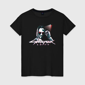 Женская футболка хлопок с принтом Cyberpunk 2077 в Белгороде, 100% хлопок | прямой крой, круглый вырез горловины, длина до линии бедер, слегка спущенное плечо | 2077 | action | cyberpunk | cyberpunk 2077 | rpg | игра | киберпанк | найт сити | рпг