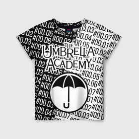 Детская футболка 3D с принтом АКАДЕМИЯ АМБРЕЛЛА в Белгороде, 100% гипоаллергенный полиэфир | прямой крой, круглый вырез горловины, длина до линии бедер, чуть спущенное плечо, ткань немного тянется | netflix | the umbrella academy | академия амбрелла | вампир академия | лютер. | сериал нетфликс | элен пейдж