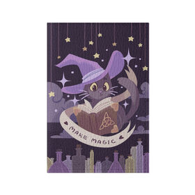 Обложка для паспорта матовая кожа с принтом Make Magic (с фоном) в Белгороде, натуральная матовая кожа | размер 19,3 х 13,7 см; прозрачные пластиковые крепления | book | halloween | magic | spell | spellbook | witch | ведьма | ведьмин кот | волшебник | волшебство | заклинание | книга | кот | магия | фамильяр | хэллоуин | чародей | чародейка