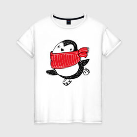 Женская футболка хлопок с принтом Пингвин на коньках в Белгороде, 100% хлопок | прямой крой, круглый вырез горловины, длина до линии бедер, слегка спущенное плечо | 
