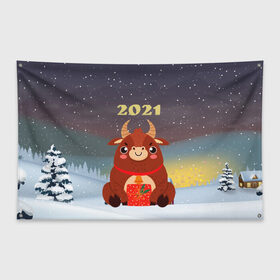 Флаг-баннер с принтом Бык с подарками 2021 в Белгороде, 100% полиэстер | размер 67 х 109 см, плотность ткани — 95 г/м2; по краям флага есть четыре люверса для крепления | 2021 | 7 января | bull | newyear | santa | бык | быки | бычок | год быка | дед мороз | корова | новогодние каникулы | новогодние праздники | новый 2021 | новый год | новый год 2021 | рождество | сани | санта | санта клаус