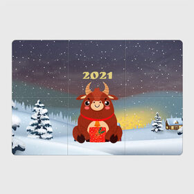 Магнитный плакат 3Х2 с принтом Бык с подарками 2021 в Белгороде, Полимерный материал с магнитным слоем | 6 деталей размером 9*9 см | 2021 | 7 января | bull | newyear | santa | бык | быки | бычок | год быка | дед мороз | корова | новогодние каникулы | новогодние праздники | новый 2021 | новый год | новый год 2021 | рождество | сани | санта | санта клаус