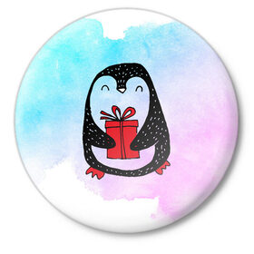 Значок с принтом Милый пингвин с подарком в Белгороде,  металл | круглая форма, металлическая застежка в виде булавки | 