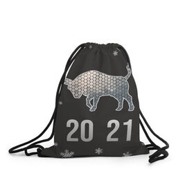 Рюкзак-мешок 3D с принтом Бык 2021 в Белгороде, 100% полиэстер | плотность ткани — 200 г/м2, размер — 35 х 45 см; лямки — толстые шнурки, застежка на шнуровке, без карманов и подкладки | 2021 | бык | годбыка | металлический бык | новый год