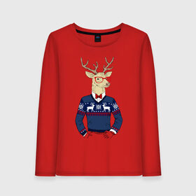 Женский лонгслив хлопок с принтом Hipster Deer в Белгороде, 100% хлопок |  | 2021 | happy | new year | дед мороз | елка | клаус | нг | новый год | носок | олени | очки | подарок | полосы | рождество | с | санта | свитер | снег | снеговик | снежинка | узор | хипстер