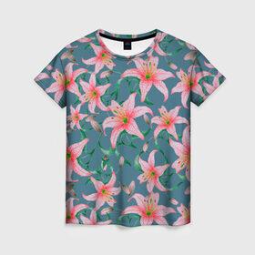 Женская футболка 3D с принтом Лилии на сером фоне в Белгороде, 100% полиэфир ( синтетическое хлопкоподобное полотно) | прямой крой, круглый вырез горловины, длина до линии бедер | 8 марта | весна | зеленый | лилии | праздник | природа | растения | розовый | серый | цветы