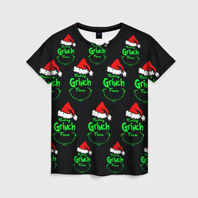 Женская футболка 3D с принтом Grinch Face в Белгороде, 100% полиэфир ( синтетическое хлопкоподобное полотно) | прямой крой, круглый вырез горловины, длина до линии бедер | 2020 | 2021 | grinch | белая | год | гринч | елка | женская | зеленый | красная | мужская | мультфильм | надпись | нг | новый | подарок | полосы | праздник | рождества | свитер | сердце | смайл | фильм | шапка