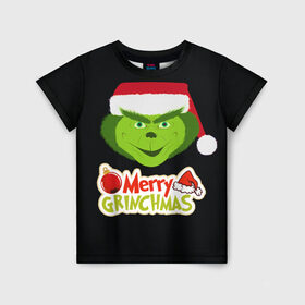 Детская футболка 3D с принтом Merry Grinchmas в Белгороде, 100% гипоаллергенный полиэфир | прямой крой, круглый вырез горловины, длина до линии бедер, чуть спущенное плечо, ткань немного тянется | 2020 | 2021 | grinch | белая | год | гринч | елка | женская | зеленый | красная | мужская | мультфильм | надпись | нг | новый | подарок | полосы | праздник | рождества | свитер | сердце | смайл | фильм | шапка