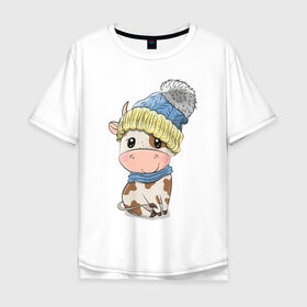 Мужская футболка хлопок Oversize с принтом Милый бычок в шапочке в Белгороде, 100% хлопок | свободный крой, круглый ворот, “спинка” длиннее передней части | Тематика изображения на принте: 