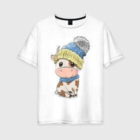 Женская футболка хлопок Oversize с принтом Милый бычок в шапочке в Белгороде, 100% хлопок | свободный крой, круглый ворот, спущенный рукав, длина до линии бедер
 | 