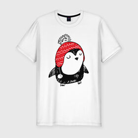 Мужская футболка хлопок Slim с принтом Милый пингвин в шапочке в Белгороде, 92% хлопок, 8% лайкра | приталенный силуэт, круглый вырез ворота, длина до линии бедра, короткий рукав | 