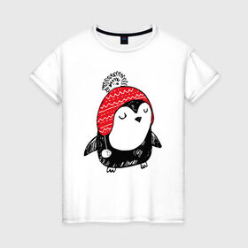 Женская футболка хлопок с принтом Милый пингвин в шапочке в Белгороде, 100% хлопок | прямой крой, круглый вырез горловины, длина до линии бедер, слегка спущенное плечо | 