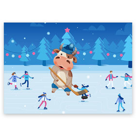 Поздравительная открытка с принтом Бык играет в хоккей в Белгороде, 100% бумага | плотность бумаги 280 г/м2, матовая, на обратной стороне линовка и место для марки
 | 2021 | 7 января | bull | newyear | santa | бык | быки | бычок | год быка | дед мороз | корова | новогодние каникулы | новогодние праздники | новый 2021 | новый год | новый год 2021 | рождество | сани | санта | санта клаус
