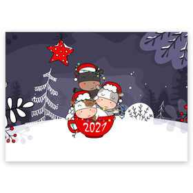 Поздравительная открытка с принтом Новогодние быки в чашке в Белгороде, 100% бумага | плотность бумаги 280 г/м2, матовая, на обратной стороне линовка и место для марки
 | 2021 | 7 января | bull | newyear | santa | бык | быки | бычок | год быка | дед мороз | корова | новогодние каникулы | новогодние праздники | новый 2021 | новый год | новый год 2021 | рождество | сани | санта | санта клаус