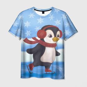 Мужская футболка 3D с принтом Пингвинчик на коньках в Белгороде, 100% полиэфир | прямой крой, круглый вырез горловины, длина до линии бедер | 2021 | зима | коньки | лёд | милый | новый год | пингвин | снег | снежинки | фигурное катание