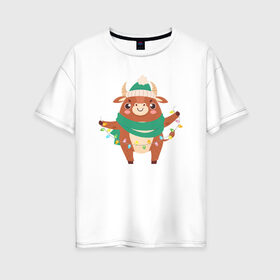 Женская футболка хлопок Oversize с принтом Бык с гирляндой в Белгороде, 100% хлопок | свободный крой, круглый ворот, спущенный рукав, длина до линии бедер
 | 