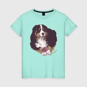 Женская футболка хлопок с принтом собака с пионом в Белгороде, 100% хлопок | прямой крой, круглый вырез горловины, длина до линии бедер, слегка спущенное плечо | бернский зенненхунд | домашний любимец | иллюстрация | собачник