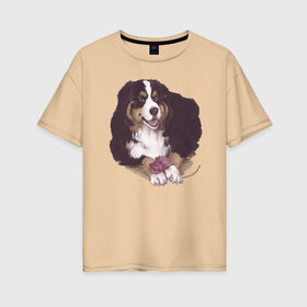 Женская футболка хлопок Oversize с принтом собака с пионом в Белгороде, 100% хлопок | свободный крой, круглый ворот, спущенный рукав, длина до линии бедер
 | бернский зенненхунд | домашний любимец | иллюстрация | собачник