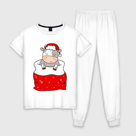 Женская пижама хлопок с принтом Новогодний бык в мешке в Белгороде, 100% хлопок | брюки и футболка прямого кроя, без карманов, на брюках мягкая резинка на поясе и по низу штанин | 