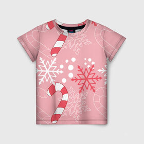Детская футболка 3D с принтом Новогодний узор с леденцом в Белгороде, 100% гипоаллергенный полиэфир | прямой крой, круглый вырез горловины, длина до линии бедер, чуть спущенное плечо, ткань немного тянется | Тематика изображения на принте: детская | красный | леденец | новогодняя | новый год | розовая | снежинки
