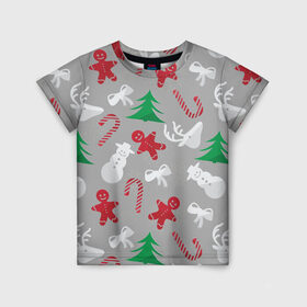 Детская футболка 3D с принтом Серый новогодний узор в Белгороде, 100% гипоаллергенный полиэфир | прямой крой, круглый вырез горловины, длина до линии бедер, чуть спущенное плечо, ткань немного тянется | елка | красный | леденец | новогодний | новый год | паттерн | праздничный | серый | снеговик | узор
